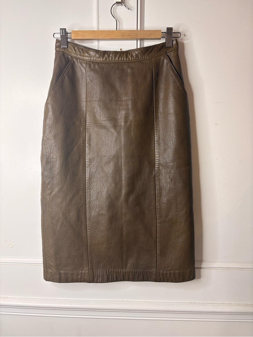 Vintage Olive Brown genuine Leather Pencil Skirt - Women.
